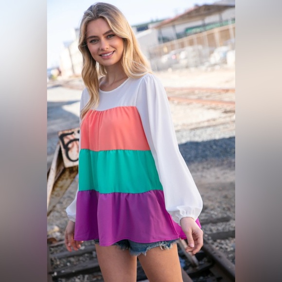 Ivory & Peach Woven Crepe Tiered Blouse - Picture 5 of 13